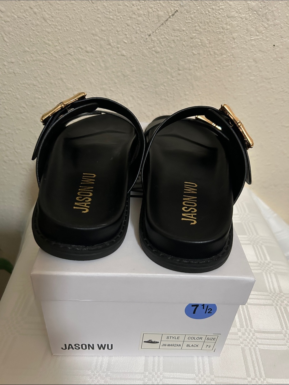 Jason Wu Black Slide Sandals with Gold Buckle Detail